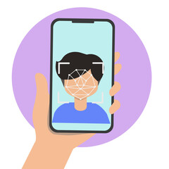 Poster - Man or woman using biometric identification scan face recognition with mobile phone. cyber security KYC concept