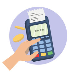 Poster - Payment machine or pos terminal, electronic bill payment and credit card with invoice or paper check receipt. Vector illustration