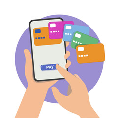 Poster - Mobile shopping. NFC payment. Smartphone with online payment. Credit card cashless. Contactless payment concept. E-payment. Vector illustration