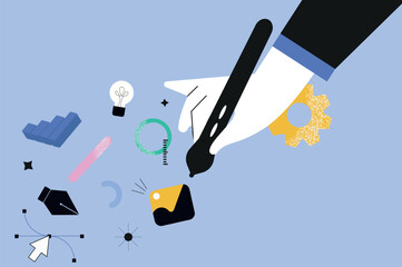 Aufkleber - Graphic designer hands concept in the flat cartoon design. The designer holds a graphic pen with which he creates real masterpieces. Vector illustration.