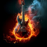 Fototapeta Młodzieżowe - An electric guitar consumed by flames, its body ablaze with vivid reds and oranges.