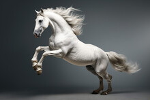 Beautiful White Horse Rearing On Grey Background