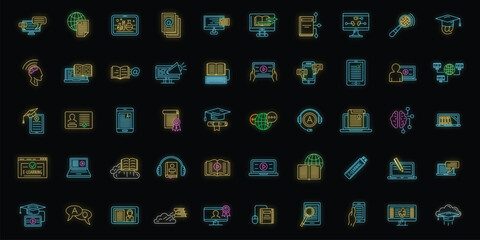 Poster - e-learning training icons set. outline illustration of 50 e-learning training vector icons neon colo