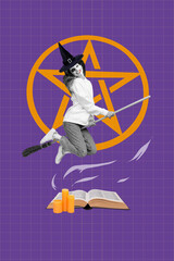 Poster - Collage image of scary spooky angry witch fly air proclaims cruel spell isolated on drawing purpe color background