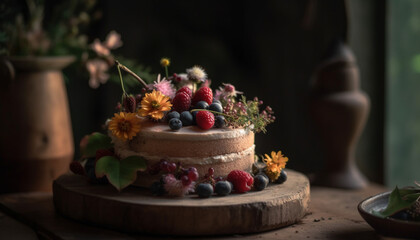 Poster - Sweet pie, cheesecake, and berry fruit on rustic wood table generated by AI