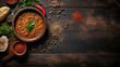 The traditional soup of Turkish cuisine is lentil soup, a thick, aromatic and spicy dish with red pepper and a slice of lemon to add to the soup. Turkish cuisine dish Chorba, flat lay with copy space