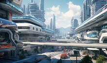 In The Midst Of The Tall City, The Futuristic Train Crosses A Bustling Intersection.