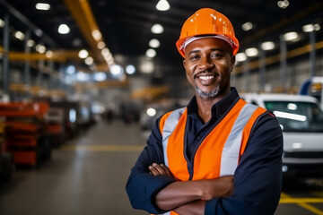 male engineer wear safety helmet cross his arms smiling to camera in industrial factory.