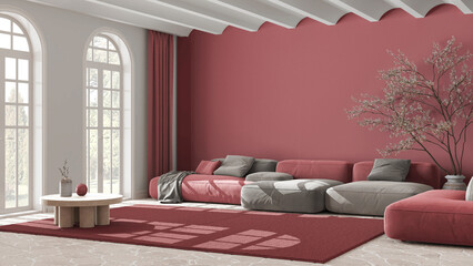 Wall Mural - Contemporary living room in white and red tones. Velvet sofa and carpet. Stone floor, arched windows and vaulted ceiling. Minimalist interior design