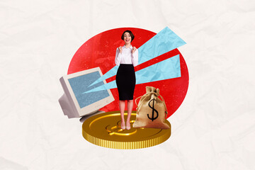 Aufkleber - 3d retro abstract creative artwork template collage of excited funny female office manager earn money computer billboard template metaphor