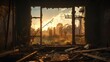 © yj - traces of war remaining ruins. an abandoned building with an opening broken window. rusty debris. generative AI