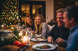 A Festive Family Gathered for a Warm Christmas Dinner, Sharing Stories Around a Beautifully Set Table, Capturing the Essence of Holiday Traditions