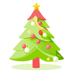 chirstmas tree polygonal cute Simple New year decorated with light start red and golden ball design Vector Illustration