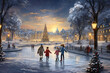 Children ice skate on a frozen lake amidst a gentle snowfall, with decorated Christmas trees adorning the snowy banks, a winter wonderland