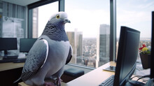 A Pigeon Working In An Office Hyper Realisti