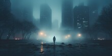 A Person Standing In The Middle Of A Foggy City.