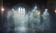 Ghostly figures standing in front of a window, creating an eerie and mysterious atmosphere