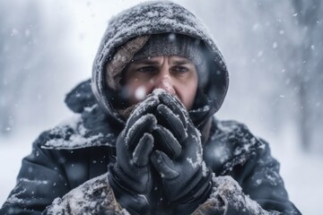 young man in a winter coat blowing snow from his hands on a snowy day