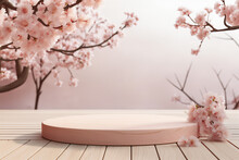Winter Wooden Podium Mockup For Cosmetics, Products,perfumes Or Jewelry With Spring Cherry Blossom Background，spring Sakura