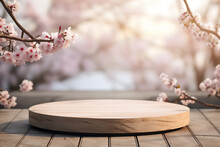 Winter Wooden Podium Mockup For Cosmetics, Products,perfumes Or Jewelry With Spring Cherry Blossom Background，spring Sakura