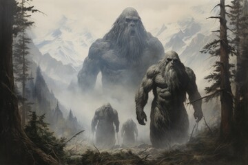 Wall Mural - Gargantuan giants roaming the mountains - Generative AI