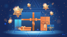 Happy Hanukkah Judaism Religious Holidays Hebrew Celebration Greeting Card Star Of David Symbol With Gift Boxes Horizontal