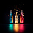 Set of sparkling magic potions bottles on black background. Concept of mana potion or elixir made by a wizard.