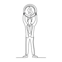 Wall Mural - Continuous single line sketch drawing art of business man with big money coin. Vector illustration one line of loss dollar coins money