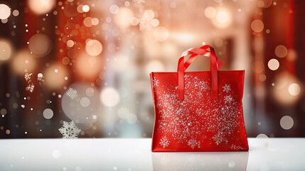 Wall Mural - Red shopping bag on the table with New Year's background. Free space for product placement or advertising text.