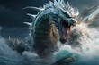 stylized illustration with huge powerful water dragon, ai tools generated image