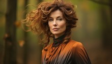 Portrait Of A Beautiful 50 Years Old Woman With Stylish Hair Outdoors