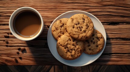 Poster - Cup of coffee with chocolate chip cookies on wooden table, top view