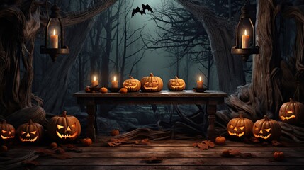 Poster - Halloween background. Spooky forest with dead trees and pumpkins and wooden table. Wood table. Halloween design with pumpkins