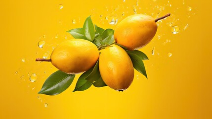 Poster - Fresh ripe mango with leaves falling in the air isolated on yellow background. Food levitation concept. High resolution image