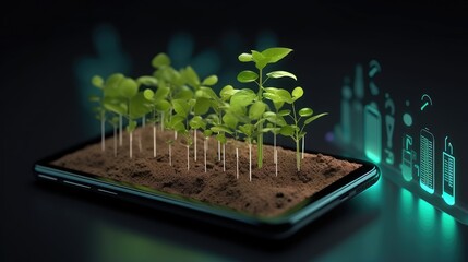 Aufkleber - 3d illustration of mobile phone with plant growing data management. digital farming concept isolated. digital farm monitoring system.