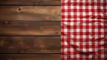 Aufkleber - Red checkered tablecloth on empty wooden table. Napkin close up top view mock up for design. Kitchen rustic background.