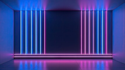 Poster - 3d render, abstract minimal neon background with glowing lines. Dark wall illuminated with modern luminescent lamps. Blue pink wallpaper