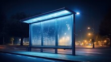 Blank Billboard Bus Stop Night With Lights Cars Passing By. Resolution And High Quality Beautiful Photo