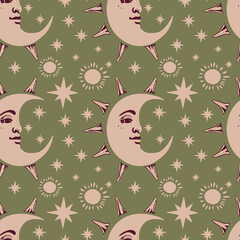 Wall Mural - vector seamless pattern moon with face and stars on a green background.seamless astrological boho or