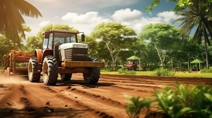 Poster - Pushcart or tractor truck is rotary tillers for excavator in the farm for gardening with sunlight and tree background at the plantation agriculture.