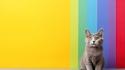 Poster - Gray cat and LGBT rainbow on yellow background copy space.LGBTQIA support. cat sits at a table with rainbow color in the collar symbolizing human rights, social issues, freedom, love.Inclusive concept