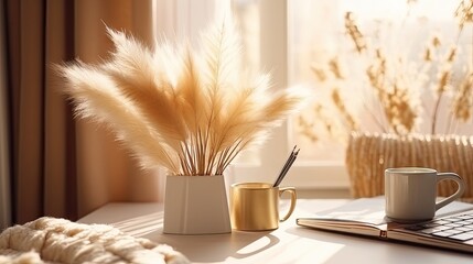 Poster - Women's home office workspace. Freelance work, business workplace. Light aesthetic hygge space with wooden chair, table, reed pampas grass bouquet, mug, notebook. Modern interior design.