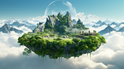 Canvas Print - fantasy floating island with mountains, trees, and animals on green grass isolated with clouds. 3d illustration of flying land with beautiful land scape.