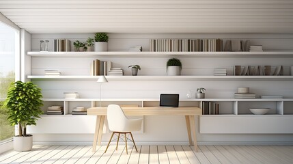 Fototapete - All White Modern Contemporary Home Office with Shelves Setup 3d illustration render