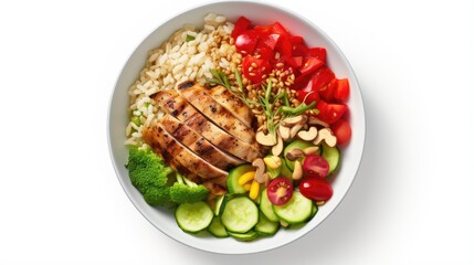Poster - Buddha bowl dish with chicken fillet, brown rice, pepper, tomato, broccoli, onion, chickpea, fresh lettuce salad, cashew and walnuts. Healthy balanced eating. Top view. White background