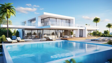 Wall Mural - Perspective of modern house with swimming pool on sea background, Exterior. 3d rendering.