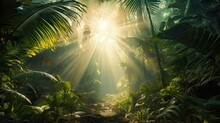 Beautiful Magical Palm, Fabulous Trees. Palm Forest Jungle Landscape, Sun Rays Illuminate The Leaves And Branches Of Trees. Magical Summer. 3d Illustration