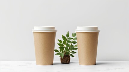 Poster - Banner with eco-friendly coffee to go cups - kraft paper cup with green leaves above on light grey background with copyspace. Recycled kraft paper packaging and zero waste concept, mockup image