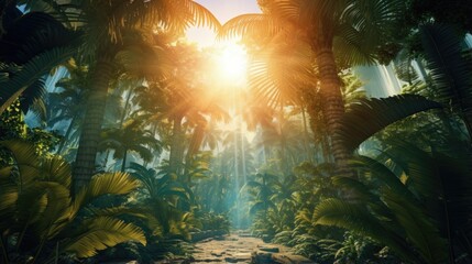 Wall Mural - Beautiful magical palm, fabulous trees. Palm Forest jungle landscape, sun rays illuminate the leaves and branches of trees. Magical summer. 3d illustration