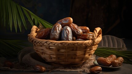 Poster - Sagai dates in a small palm leaf basket. Middle eastern food photography.